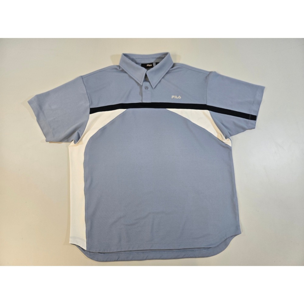 Fila Mens Polo Shirt Large Blue White Black Colorblock Short Sleeve Athletic Top
